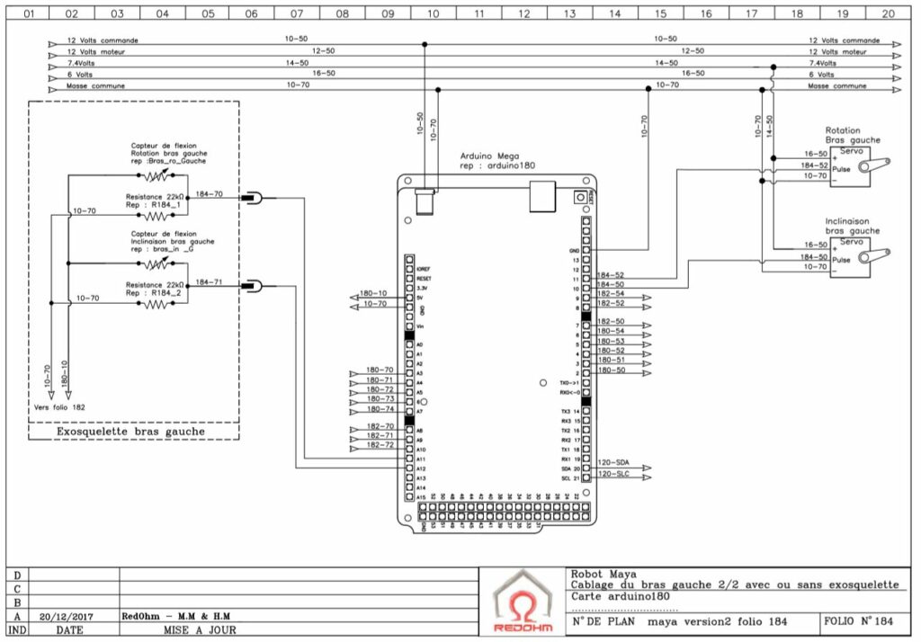 Folio 184 version 2 - Schéma du robot Maya ( cablage du bras gauche 2/2 avec ou sans exosquelette )