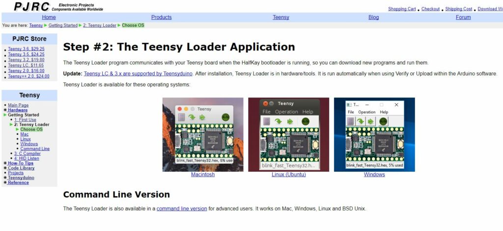 Page pour télécharger la dernier version  de la carte Teensy ( capture du 17/08/2017 ) 