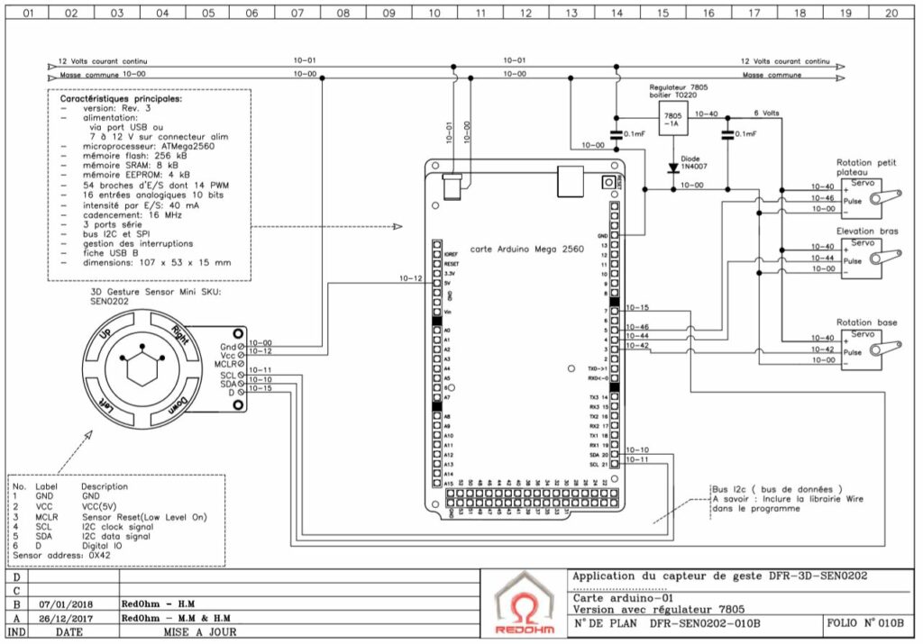 Schéma de cablage de la tourelle 3 axes.Version avec un régulateur 5V