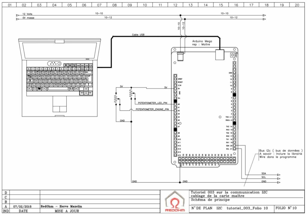 Tutoriel 003 sur la communication I2c . Schéma de principe , cablage de la carte maitre - RedOhm -