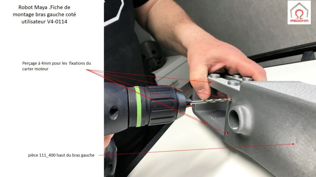 Robot Maya .Fiche de montage bras gauche coté utilisateur V4-0114